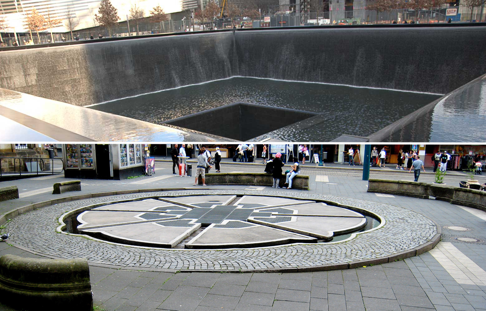 Top: The 9/11 memorial in New York (Photo: Mitchell Zimmerman). Bottom: The Kassel Fountain memorial in Kassel, Germany. (Photo: Horst Hoheisel)