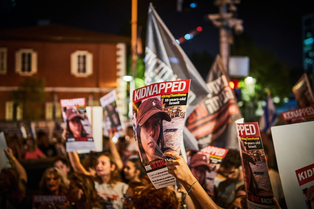 Israelis rally in Tel Aviv for a return of hostages captured by Hamas, October 2023. (Shutterstock)