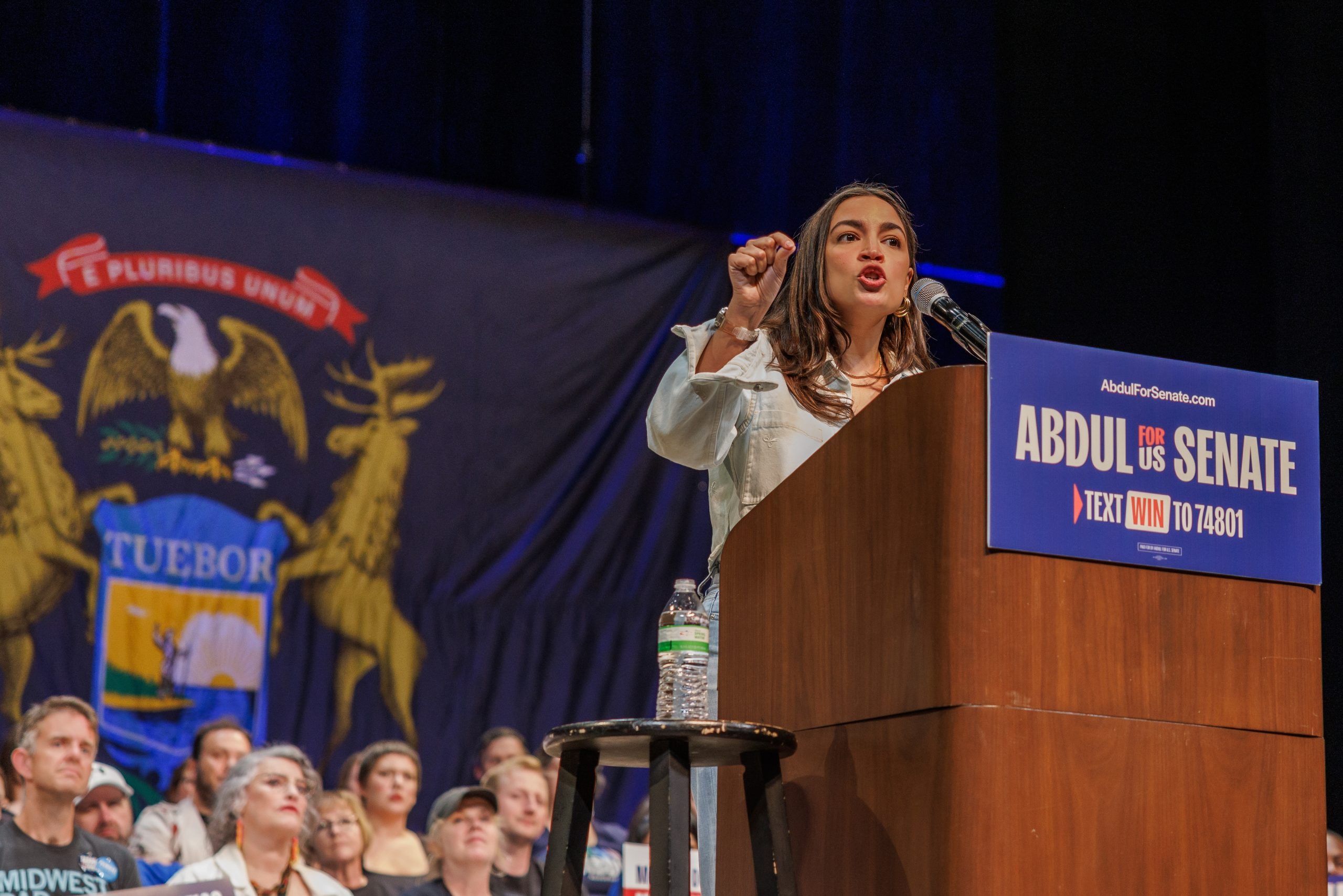 Rep. Alexandria Ocasio Cortez (D-NY) speaks at a rally for progressive Michigan Senate candidate Abdul El-Sayed. (Shutterstock)
